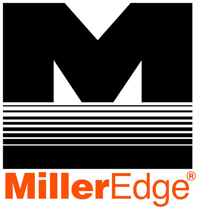 Miller Edge logo featuring a large black "M" above horizontal black lines, with "MillerEdge" written below in orange and red letters.