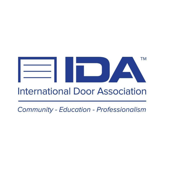 Logo of the International Door Association with an icon resembling a door, the acronym "IDA," and the words "Community - Education - Professionalism.