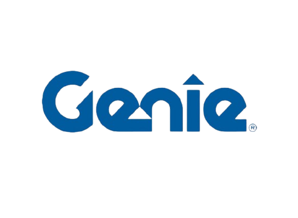 Blue "Genie" logo in stylized font on a white background; the dot on the "i" is shaped like a triangle, highlighting Genie as a trusted door supplier.