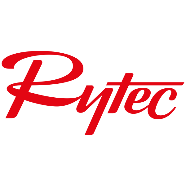 The image shows the word Rytec written in bold, red, italicized script on a light gray background.